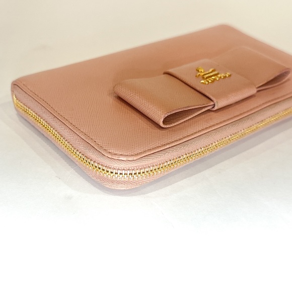 Prada Light Pink Bow Saffiano Leather Zippy Wallet - Picture 7 of 15